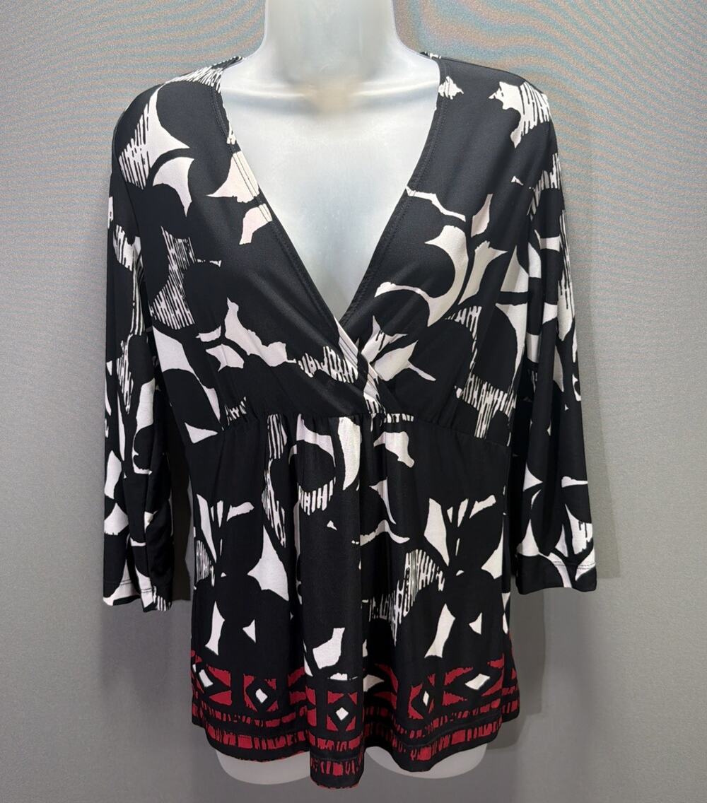 Vtg Chicos Jersey Woman Sz 0 Black White Red Shirt Faux Wrap Top Stretch USA